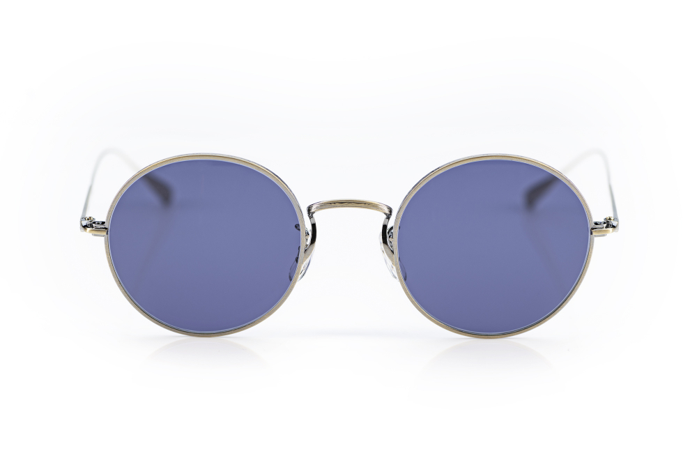 Eyevan – Merced – Titan – runde Vintage Sonnenbrille mit navy blauen Gläsern – ziseliert - made in Japan – KITSCHENBERG Brillen