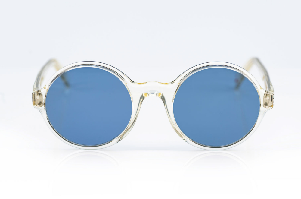 Alf - Atelier de Lunetterie Francais – 21.11.008 - Runde champagnerfarbige Sonnenbrille mit blauen Gläsern – handgenietet – Vintage Retro – aus Frankreich - KITSCHENBERG Brillen