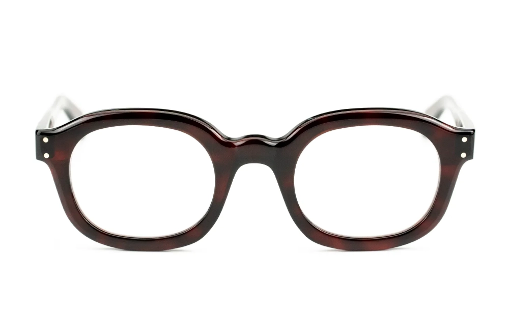 Brille von Alf – 26-30-013 – Dunkelrote Acetatbrille in klassischer Pantoform – Dicker Rahmen – handgenietete Scharniere - Kitschenberg