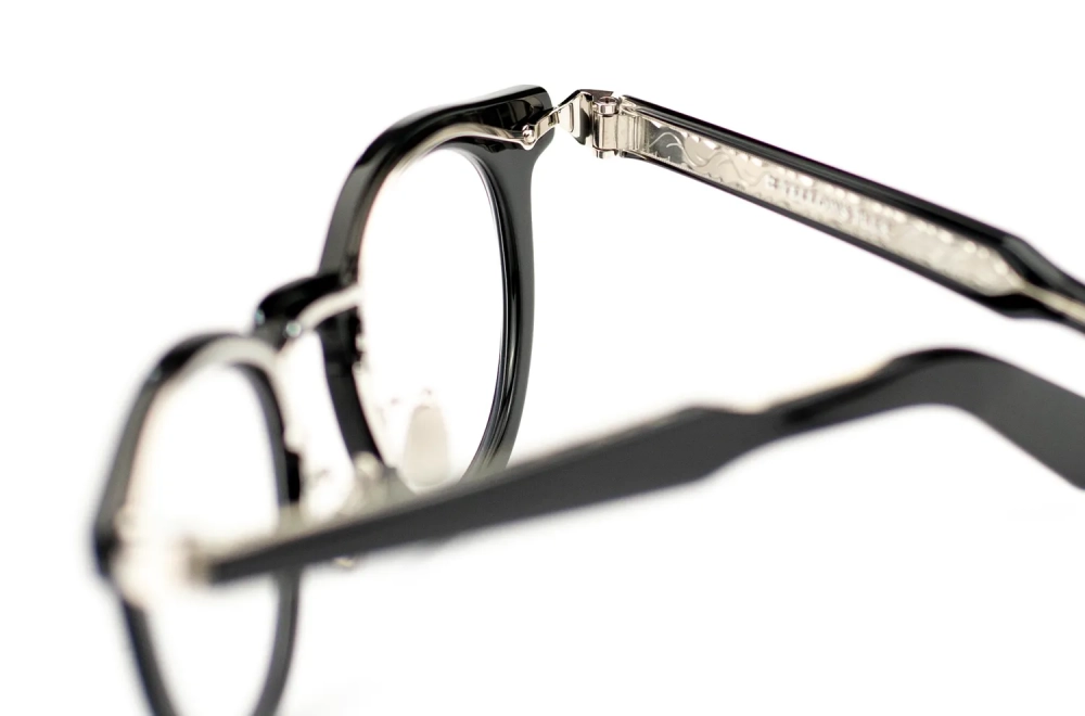 Brille Yellows Plus Elton – Panto schwarzes Acetat mit silbernem fein ziseliertem Titan – Made in Japan - Kitschenberg
