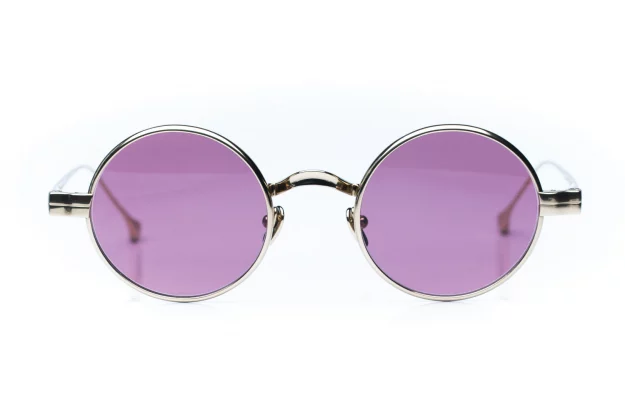 Ducloux Sonnenbrille – Model Cyclopia in Gold mit lila Gläsern – Runde Titanbrille in Japan produziert – Kitschenberg