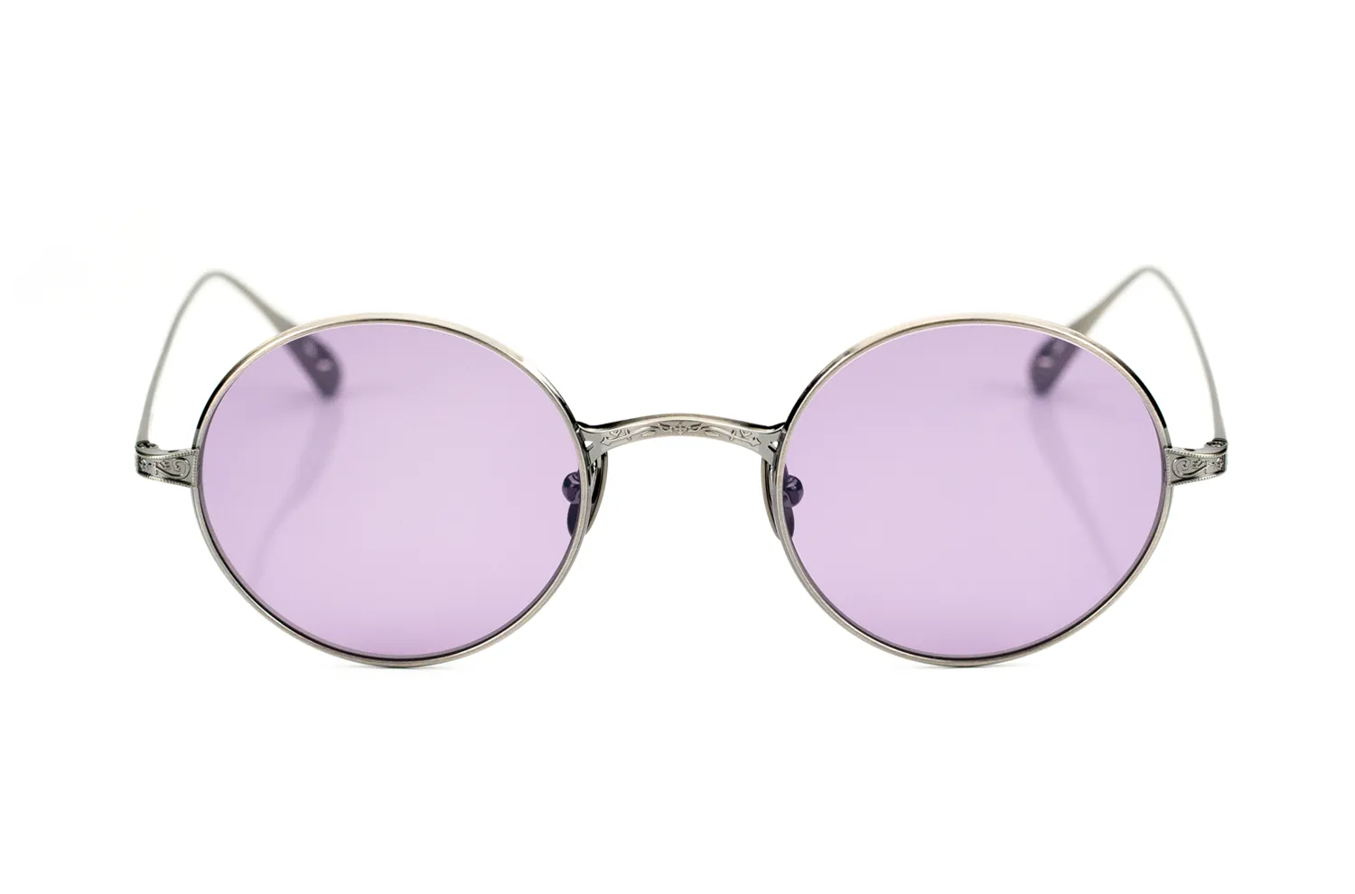 Sonnenbrille von Garrett Leight – Model Pewter grau 5304 – runde Titanbrille mit lila Gläsern in Kooperation mit Ozzy Osbourne - Kitschenberg