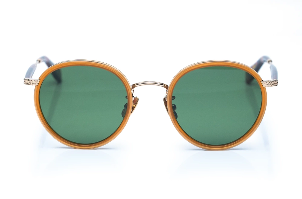 Garrett Leight Panto Sonnenbrille Wilson-X in gold mit grünen Gläsern und caramelfarbenem Acetat um die Gläser - Kitschenberg