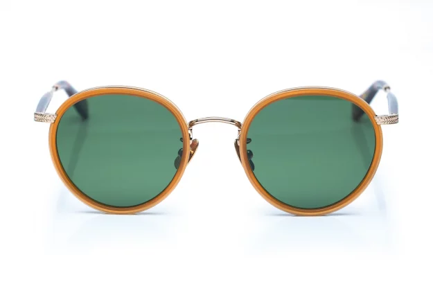 Garrett Leight Panto Sonnenbrille Wilson-X in gold mit grünen Gläsern und caramelfarbenem Acetat um die Gläser - Kitschenberg